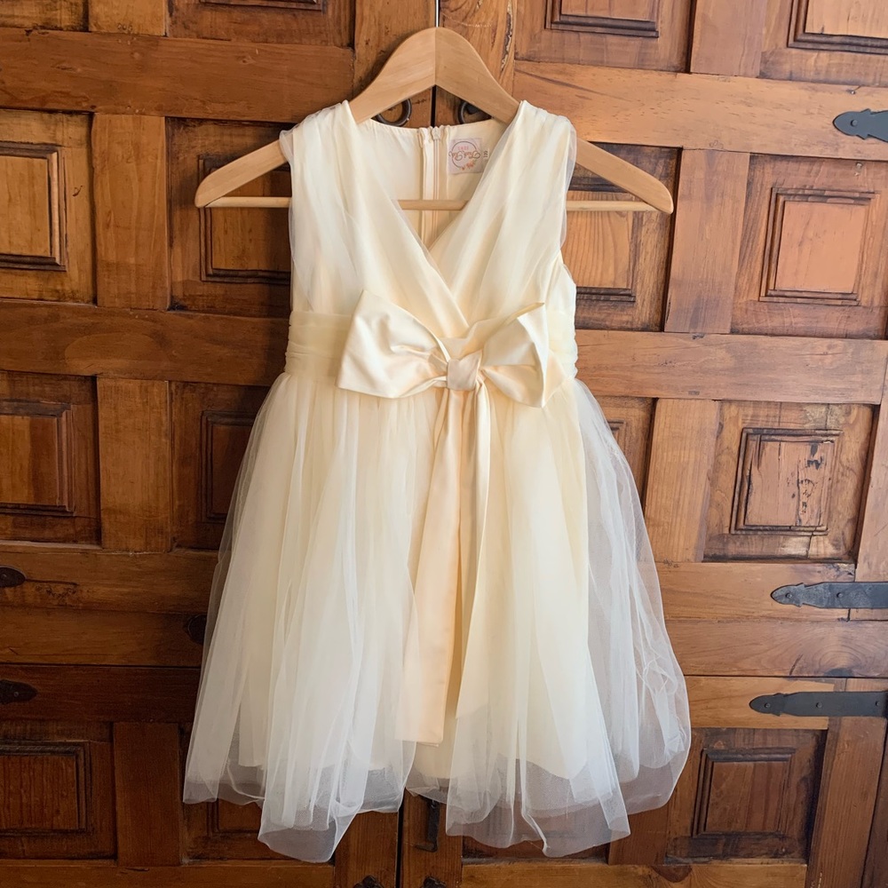Think Pink Bows Ivory, Fall or Winter White Girls Tulle Dress w/wrap front